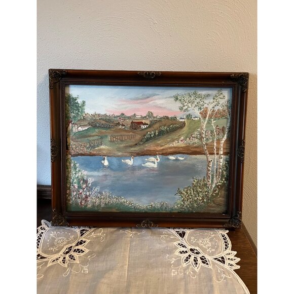 Hand Painted Countryside Picture with Swans in Ornate Resin Frame - Picture 1 of 5